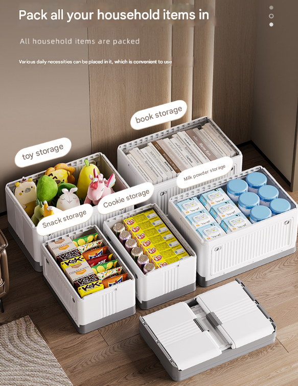 Size L Brown Collapsible Storage Box with Wheels and Telescopic Handle - Stackable Folding Crate for Car & Home