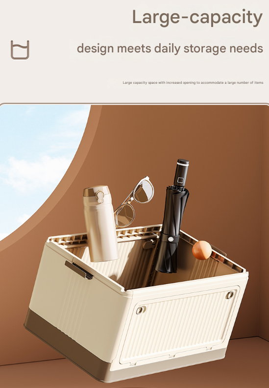 Size L Brown Collapsible Storage Box with Wheels and Telescopic Handle - Stackable Folding Crate for Car & Home