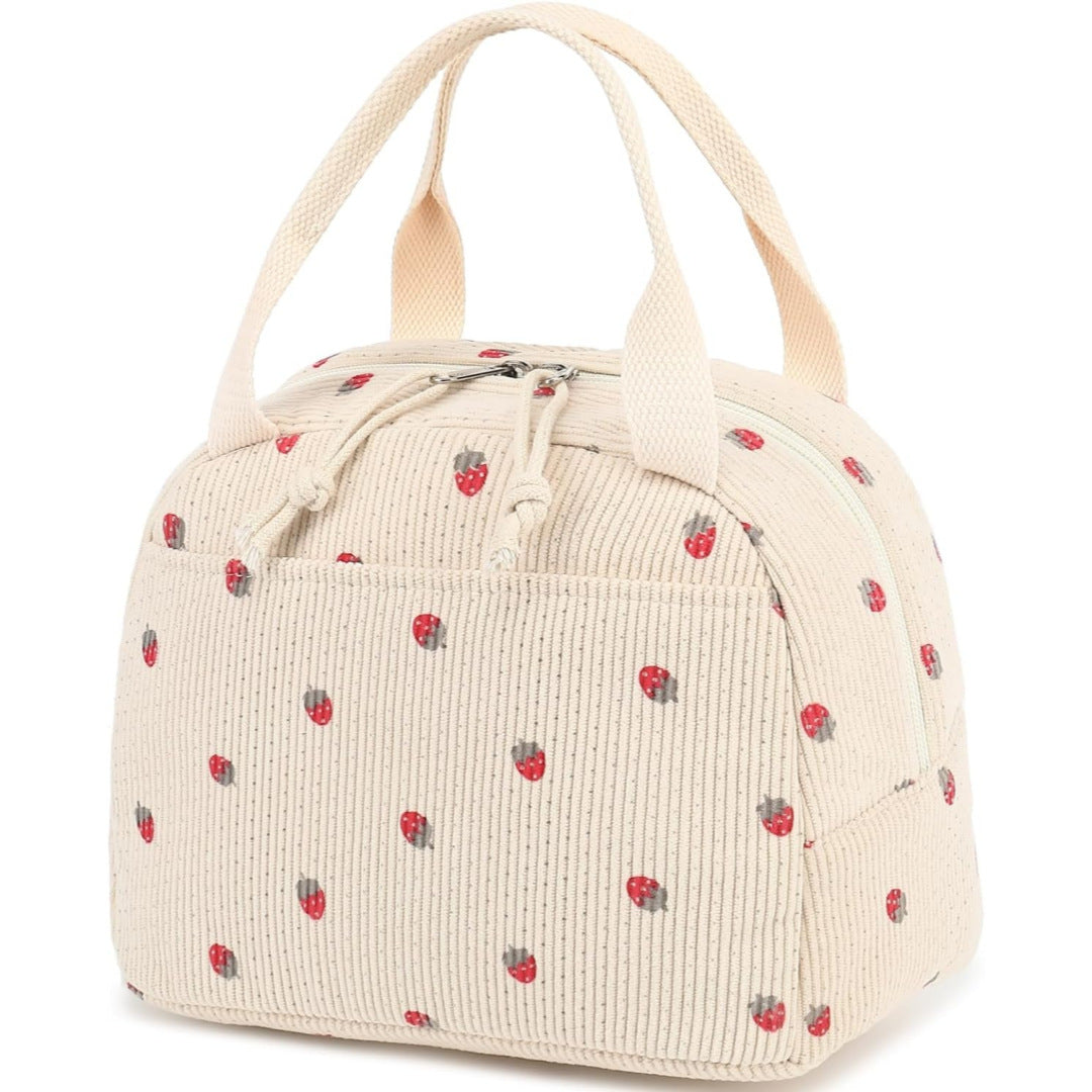 Beige Strawberry Pattern Corduroy Lunch Bag - Insulated Thermal Cooler Tote for School Work and Picnics