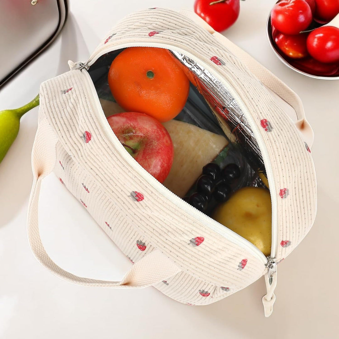 Beige Strawberry Pattern Corduroy Lunch Bag - Insulated Thermal Cooler Tote for School Work and Picnics