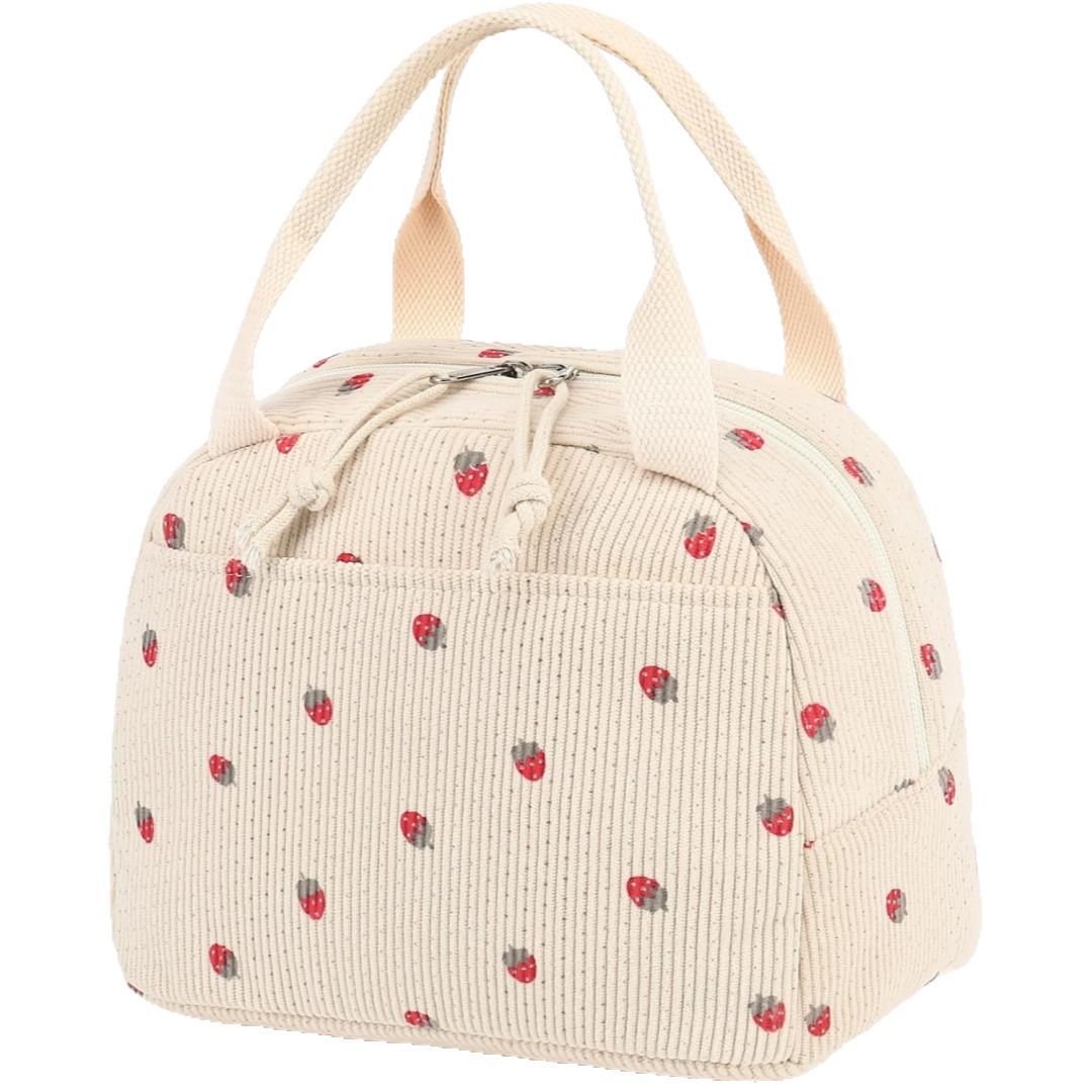 Beige Strawberry Pattern Corduroy Lunch Bag - Insulated Thermal Cooler Tote for School Work and Picnics