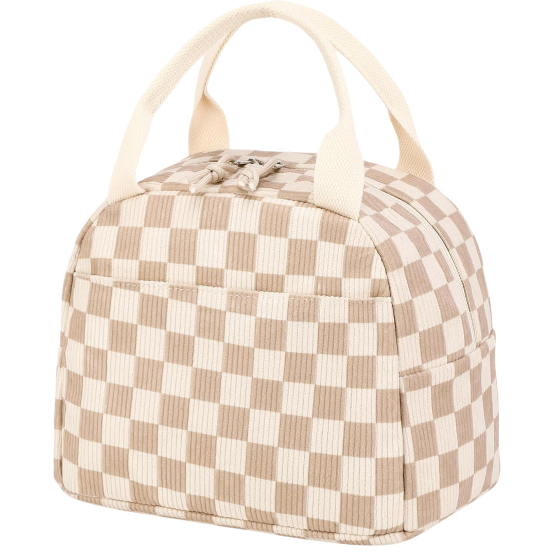 Beige Checkered Pattern Corduroy Lunch Bag - Insulated Thermal Cooler Tote for School Work and Picnics