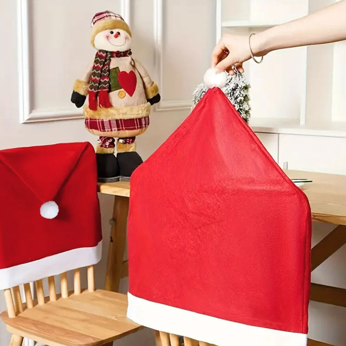 Red Festive Santa Hat Dining Chair Covers - Set of 8 for Holiday Party Decoration