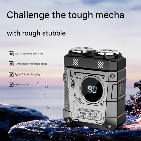 Grey and Black Cyberpunk Mini Electric Shaver - Portable Dual-Head Razor with LED Display & USB-C Charging