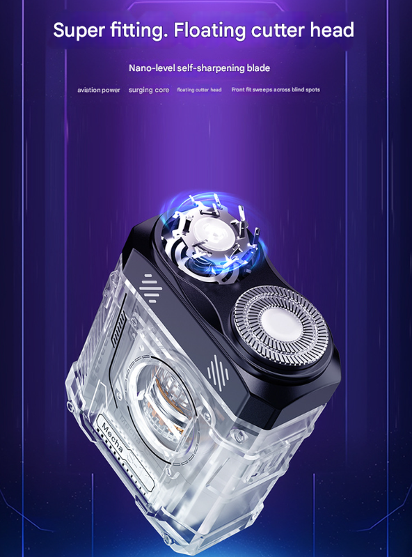 Grey and Black Cyberpunk Mini Electric Shaver - Portable Dual-Head Razor with LED Display & USB-C Charging