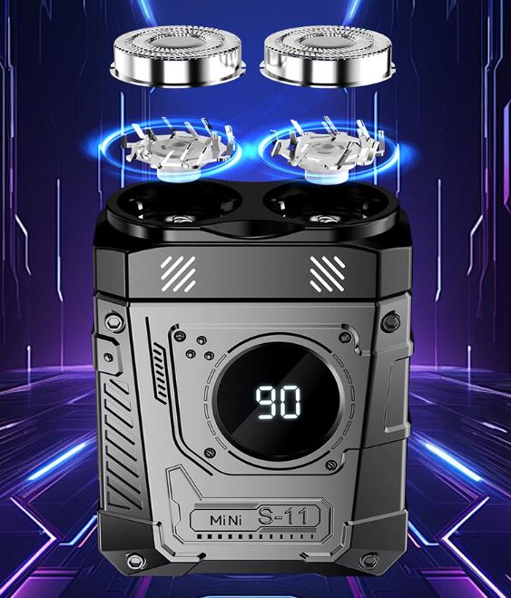 Grey and Black Cyberpunk Mini Electric Shaver - Portable Dual-Head Razor with LED Display & USB-C Charging