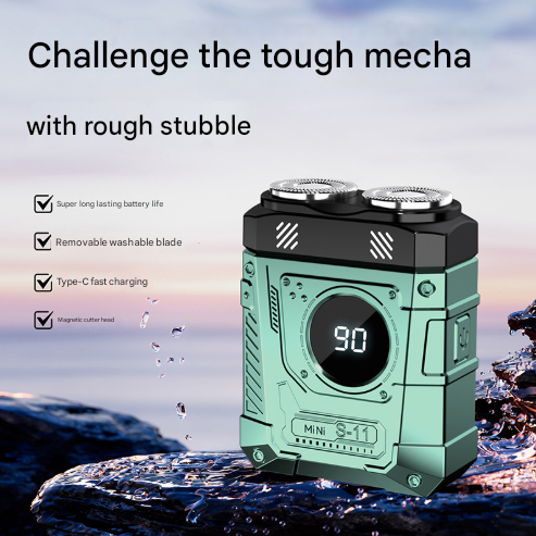 Green and Black Cyberpunk Mini Electric Shaver - Portable Dual-Head Razor with LED Display & USB-C Charging