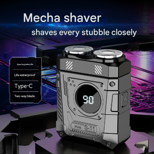 Green and Black Cyberpunk Mini Electric Shaver - Portable Dual-Head Razor with LED Display & USB-C Charging