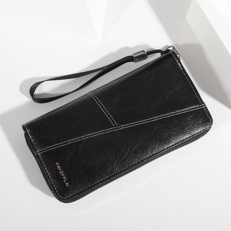 Black Men's Long Zipper Wallet Clutch - PU Leather Wristlet with Phone and Card Slots