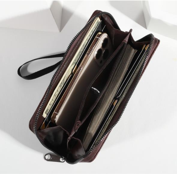 Black Men's Long Zipper Wallet Clutch - PU Leather Wristlet with Phone and Card Slots