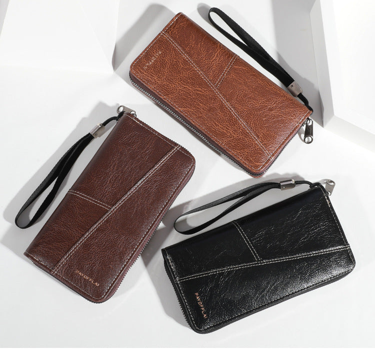 Brown Men's Long Zipper Wallet Clutch - PU Leather Wristlet with Phone and Card Slots