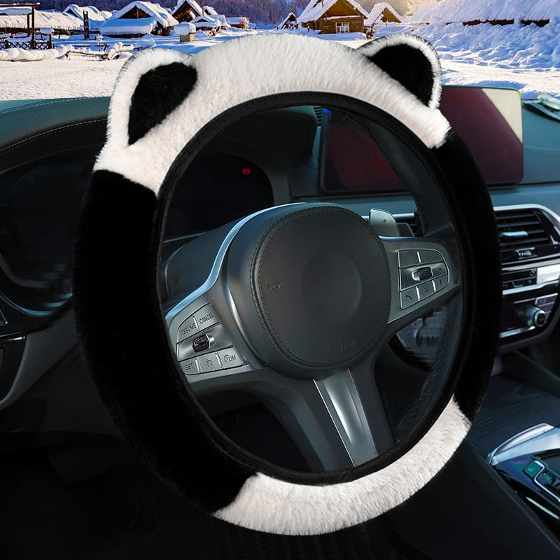 Black Stitching White Plush Cat Ear Steering Wheel Cover - Cute & Fuzzy Winter Grip, Universal 38cm Fit