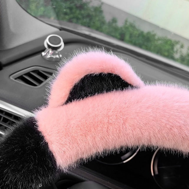 Black Stitching White Plush Cat Ear Steering Wheel Cover - Cute & Fuzzy Winter Grip, Universal 38cm Fit