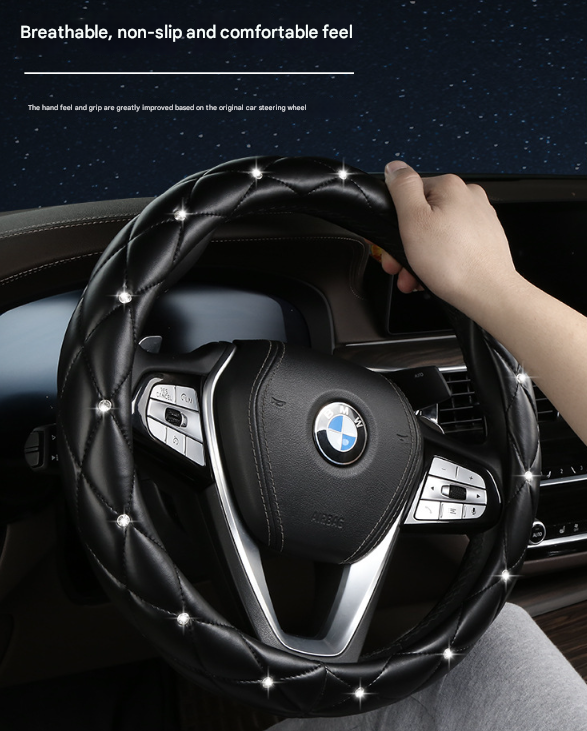 White Luxury Bling Steering Wheel Cover - Black Quilted Leather with Crystal Rhinestones, Universal 38cm Fit