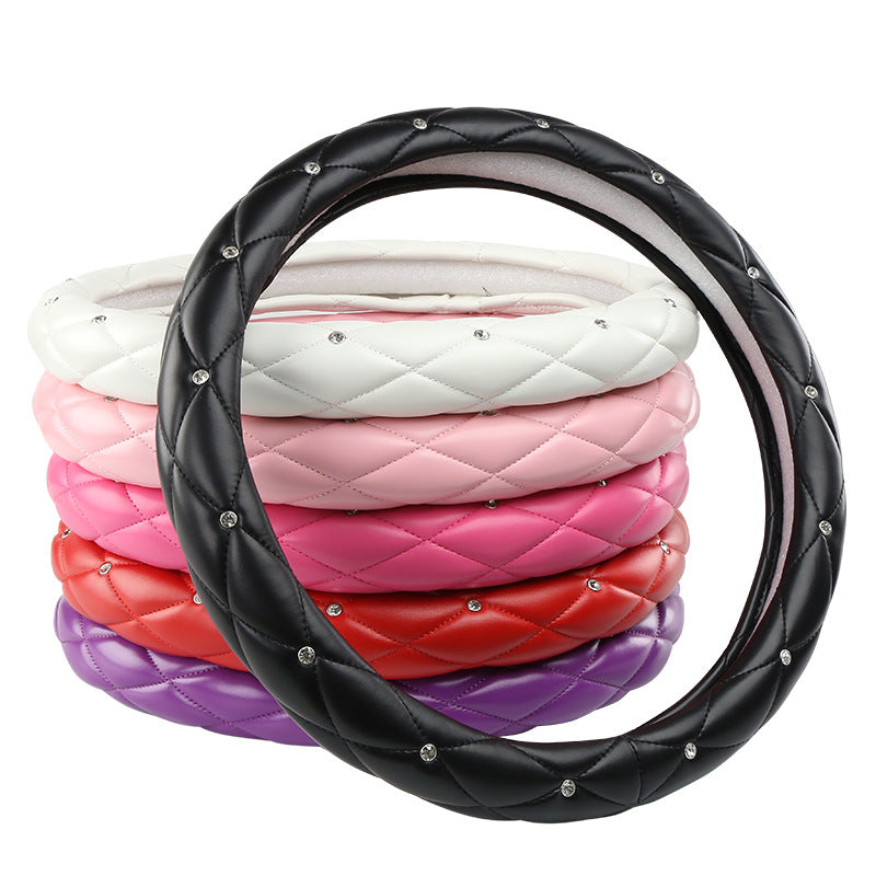 White Luxury Bling Steering Wheel Cover - Black Quilted Leather with Crystal Rhinestones, Universal 38cm Fit