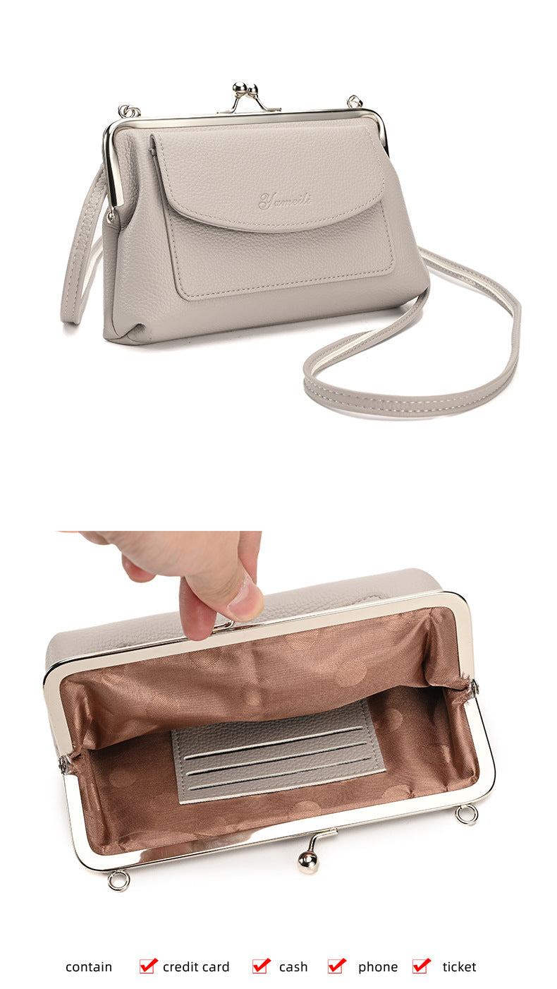 Black Women's Vintage Kiss Lock Crossbody Bag - PU Leather Clutch Purse with Detachable Strap