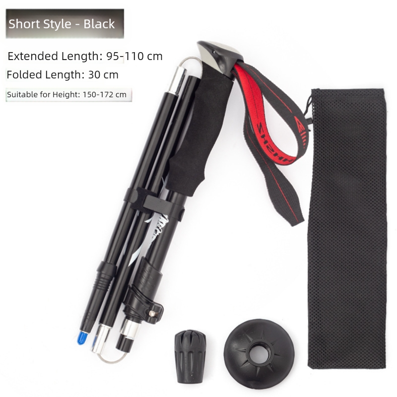Short Black Ultralight Foldable Hiking Pole - Adjustable Aluminium Trekking Stick with EVA Grip for Outdoor Walking & Climbing