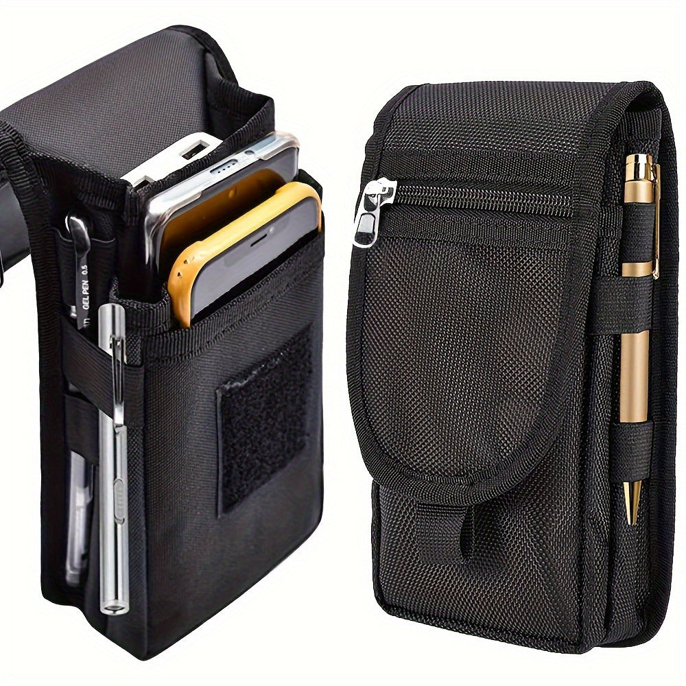 Black Heavy-Duty Tactical Phone Pouch - Multi-Pocket Belt Holster & Utility Waist Bag for Outdoor Work and EDC