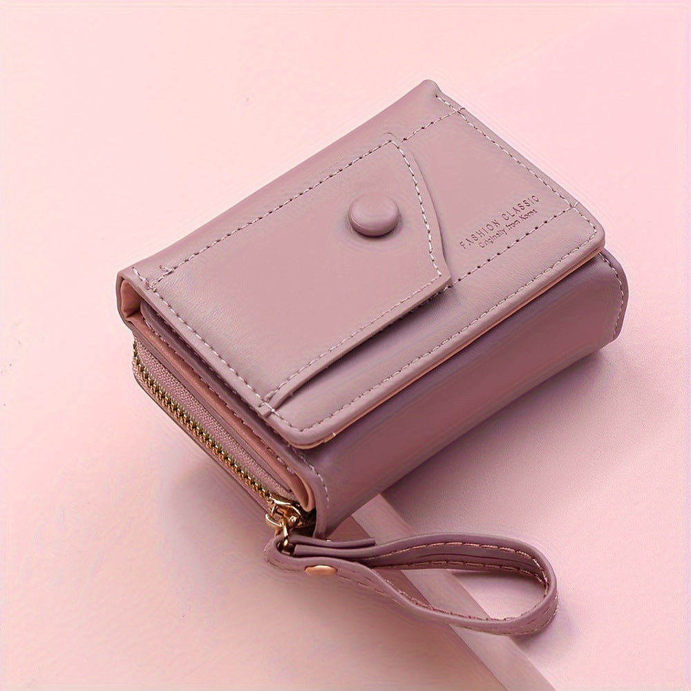 Khaki Chic Compact Trifold Wallet for Women - PU Leather Card Holder with Zipper Coin Purse & Wristlet Strap