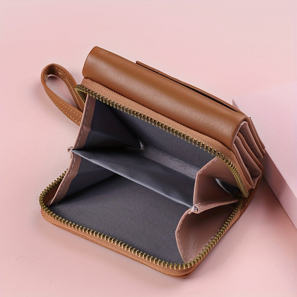 Purple Chic Compact Trifold Wallet for Women - PU Leather Card Holder with Zipper Coin Purse & Wristlet Strap