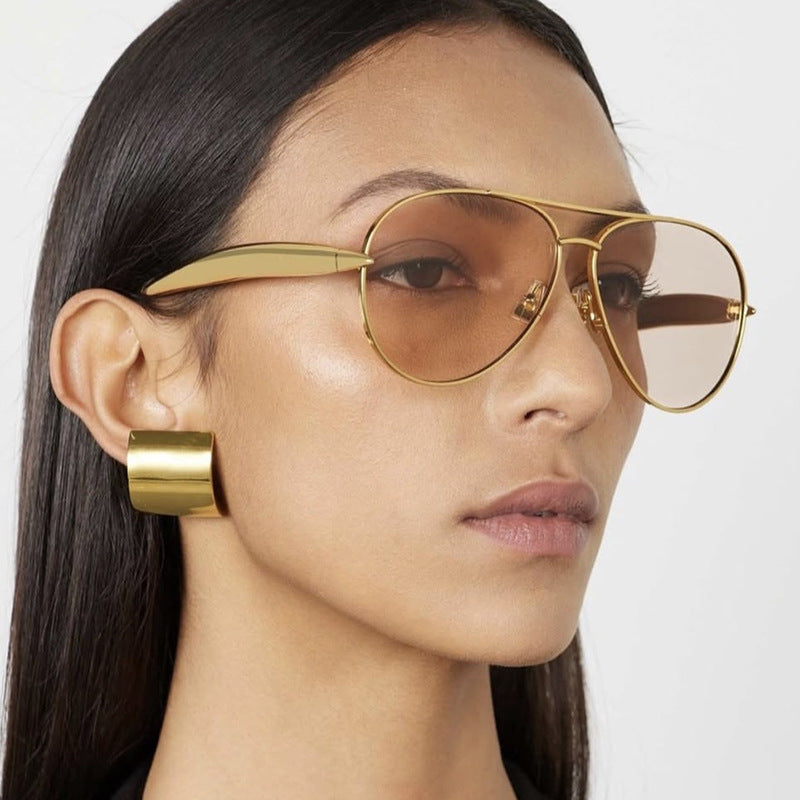 Style C3 Gold Frame Grey Lenses Chic Oversized Aviator Sunglasses - Retro Metal Frame with UV400 Protection for Women