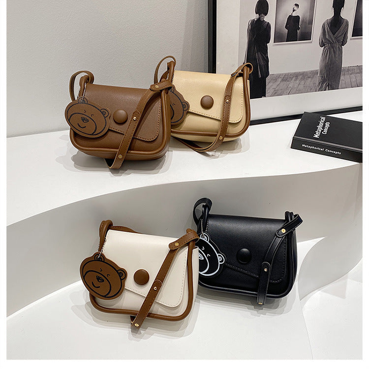 White and Brown Chic PU Leather Crossbody Bag with Cute Bear Charm - Adjustable Strap Shoulder Purse
