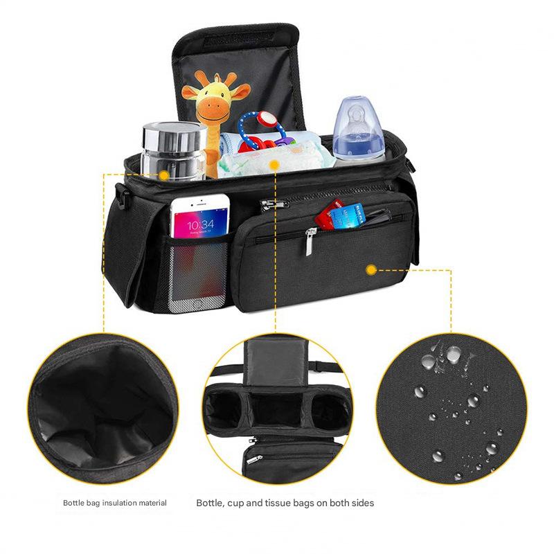 Black and Gray Stitching Universal Stroller Organiser Caddy with Insulated Cup Holders and Detachable Wristlet