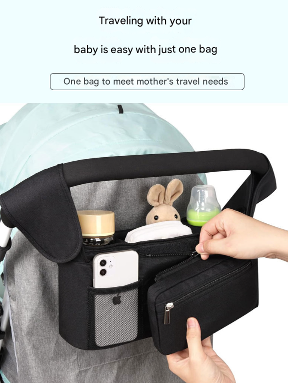 Black and Gray Stitching Universal Stroller Organiser Caddy with Insulated Cup Holders and Detachable Wristlet