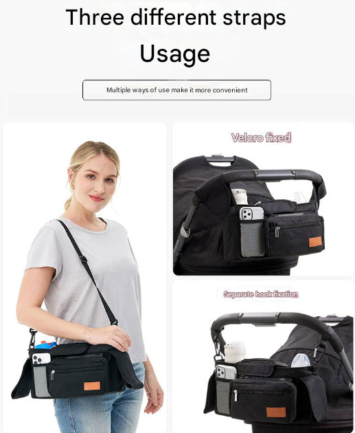 Pink and Black Stitching Universal Stroller Organiser Caddy with Insulated Cup Holders and Detachable Wristlet