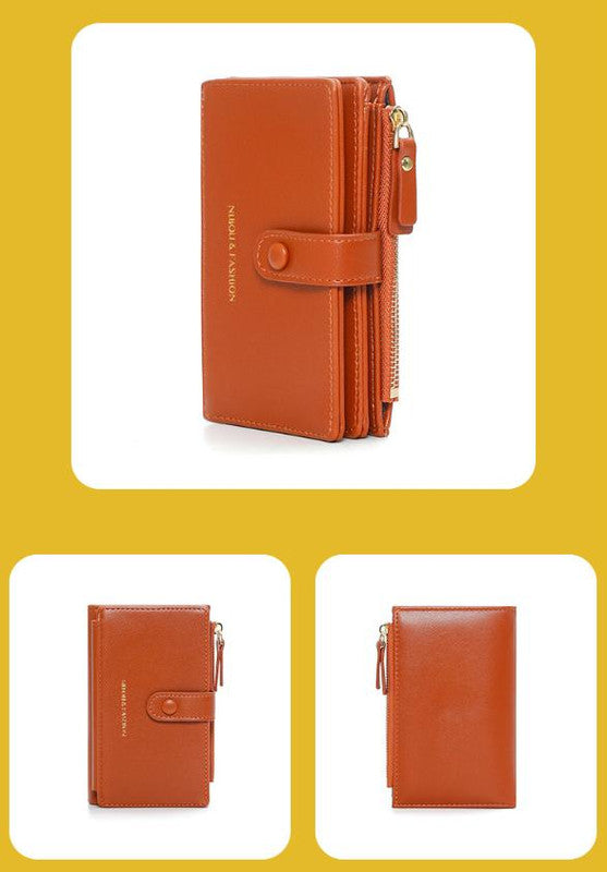 Light Brown Compact Bifold Wallet for Women - High Capacity PU Leather Purse with Zipper Coin Pocket