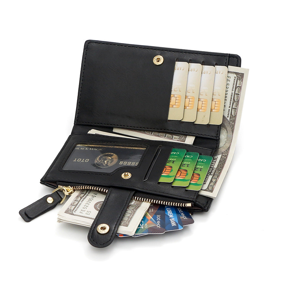 Khaki Compact Bifold Wallet for Women - High Capacity PU Leather Purse with Zipper Coin Pocket