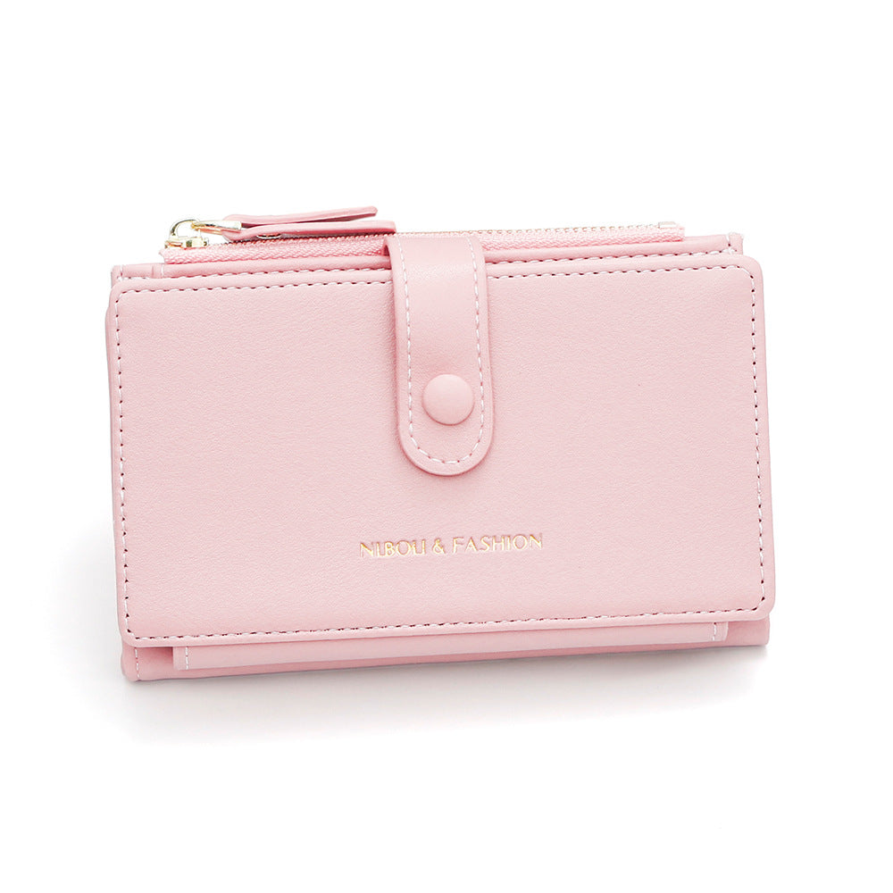 Pink Compact Bifold Wallet for Women - High Capacity PU Leather Purse with Zipper Coin Pocket