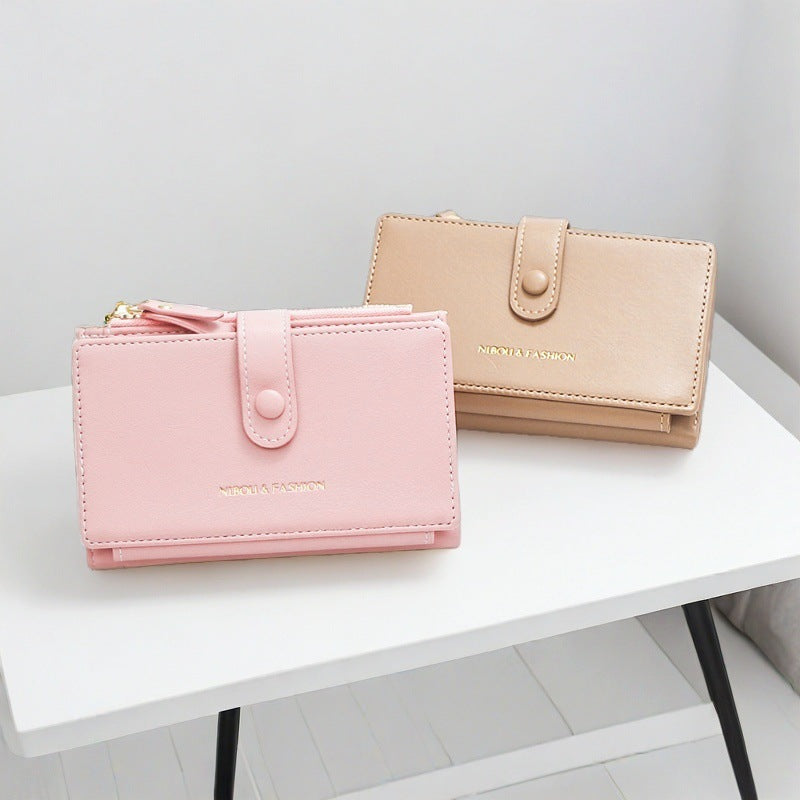Pink Compact Bifold Wallet for Women - High Capacity PU Leather Purse with Zipper Coin Pocket