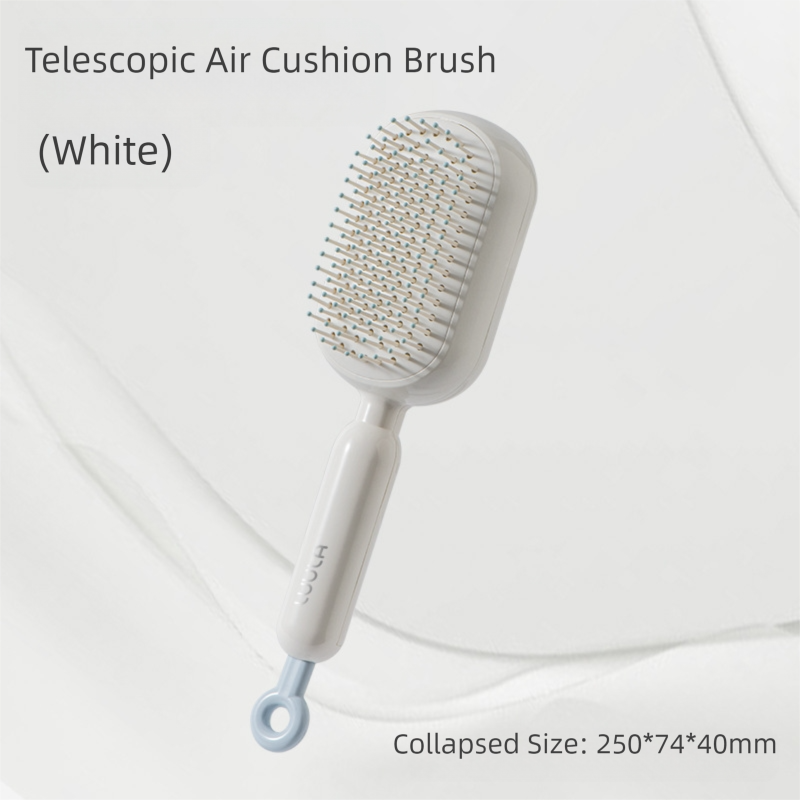 White Innovative Self-Cleaning Cushion Hairbrush - Retractable Bristle Detangling & Scalp Massager