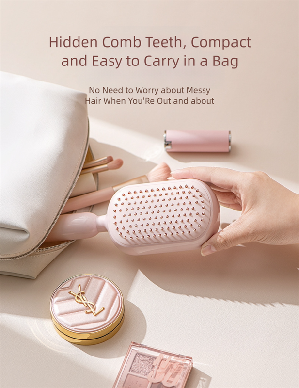 White Innovative Self-Cleaning Cushion Hairbrush - Retractable Bristle Detangling & Scalp Massager