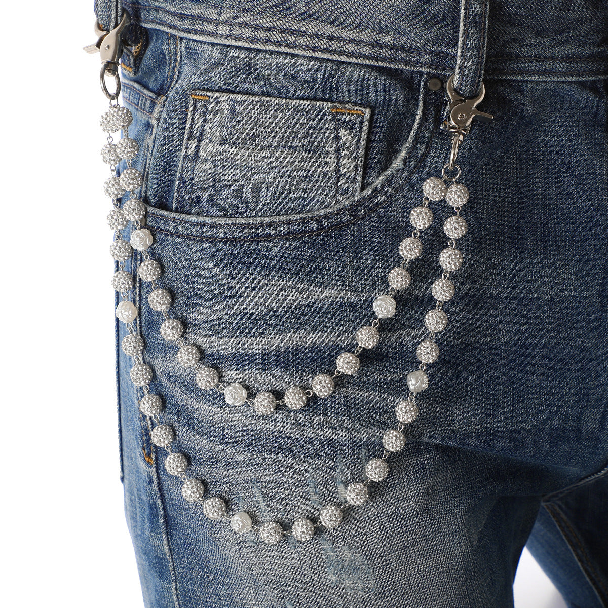 Silver and White Bling Rhinestone Beaded Wallet Chain - Double Layer Hip Hop Trouser Chain Jean Accessory(60g)