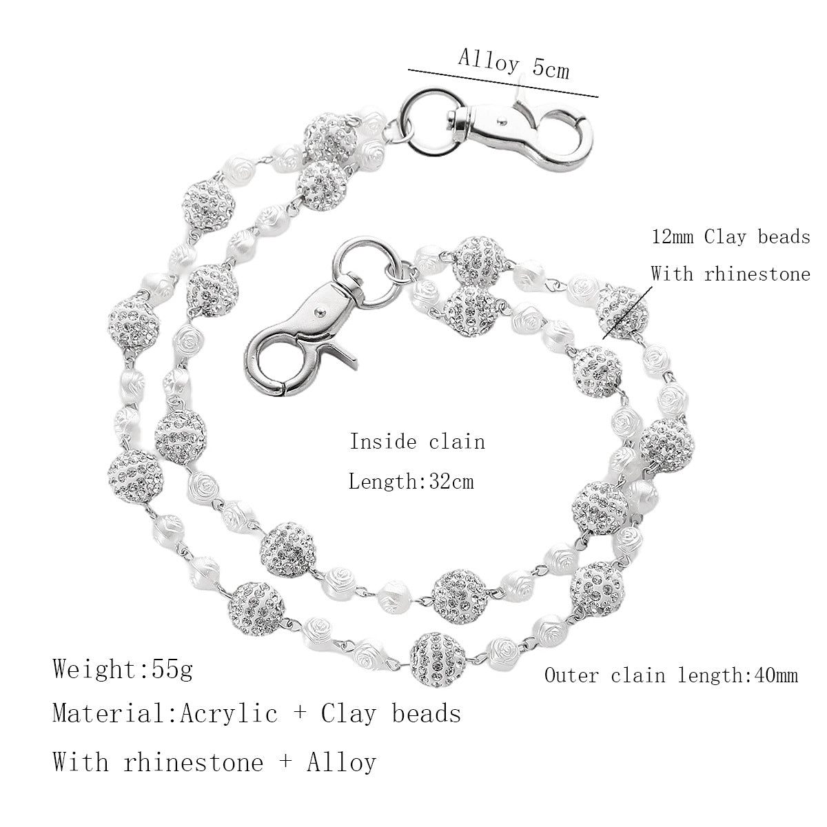 Silver and White Bling Rhinestone Beaded Wallet Chain - Double Layer Hip Hop Trouser Chain Jean Accessory(55g)