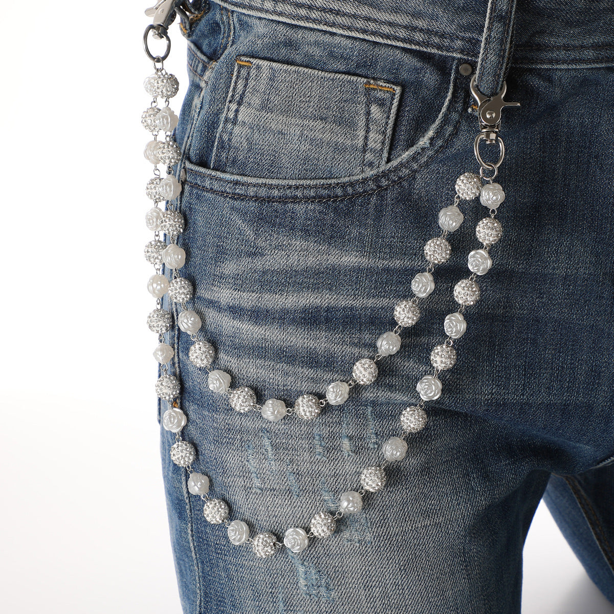 Silver and White Bling Rhinestone Beaded Wallet Chain - Double Layer Hip Hop Trouser Chain Jean Accessory(72g)