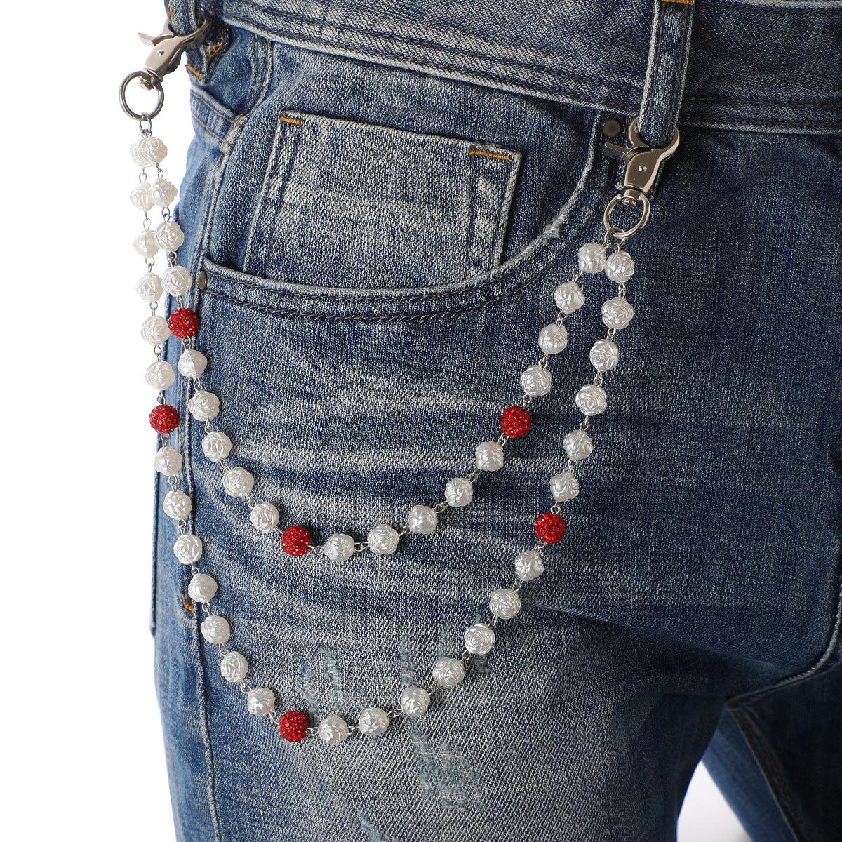 Red and White Bling Rhinestone Beaded Wallet Chain - Double Layer Hip Hop Trouser Chain Jean Accessory(45g)