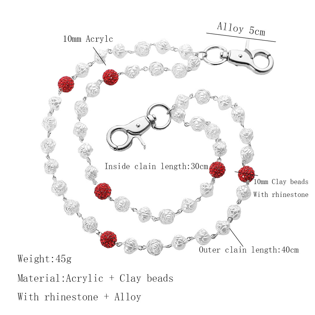 Red and White Bling Rhinestone Beaded Wallet Chain - Double Layer Hip Hop Trouser Chain Jean Accessory(45g)