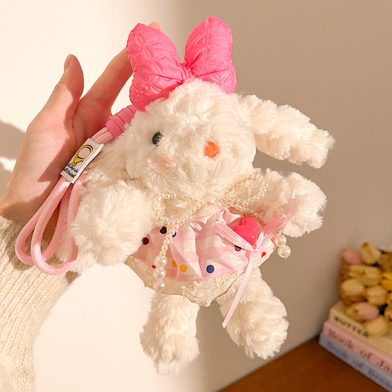 Pink Cute Floppy Eared Bunny Plush Doll with Pearl Necklace and Ribbon Dress - Adorable Keychain or Bag Charm for Girls(F-4975)
