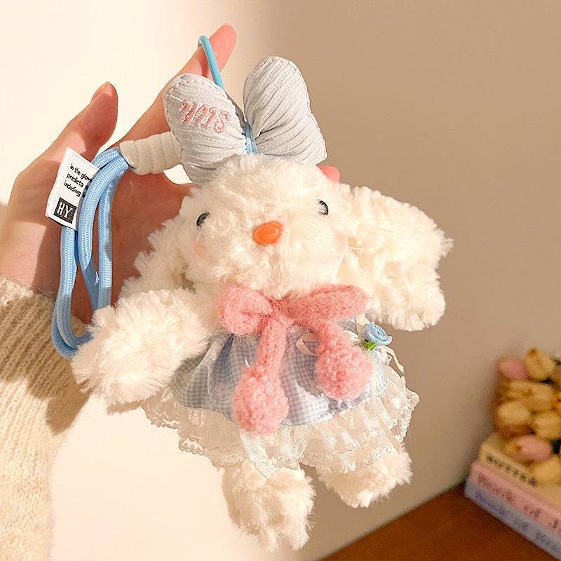 Blue and Pink Cute Floppy Eared Bunny Plush Doll with Pearl Necklace and Ribbon Dress - Adorable Keychain or Bag Charm for Girls(F-4976)