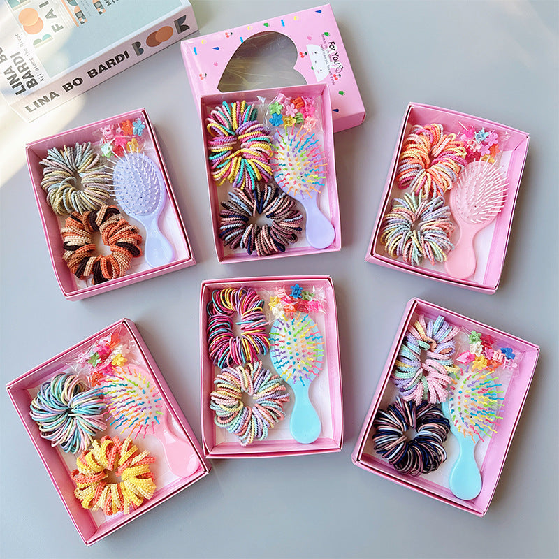 Style 1 Boxed Hair Tie Set with Pink Rubber Bands, Cute Hair Accessories & Mini Comb – Perfect Gift for Girls