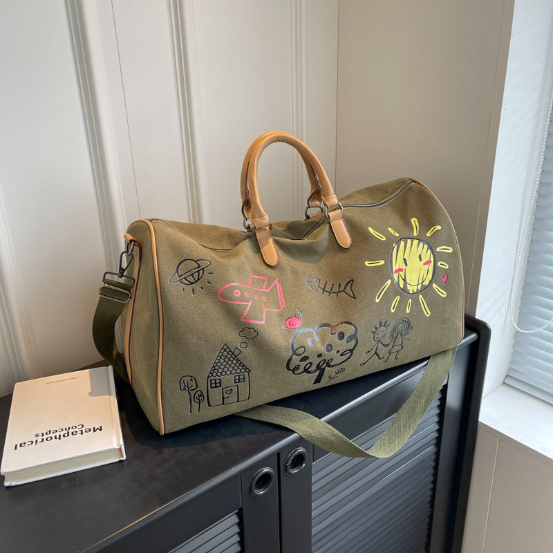 Large Capacity Canvas Travel Duffel Bag with Doodle Print - Weekend & Gym Tote(black)