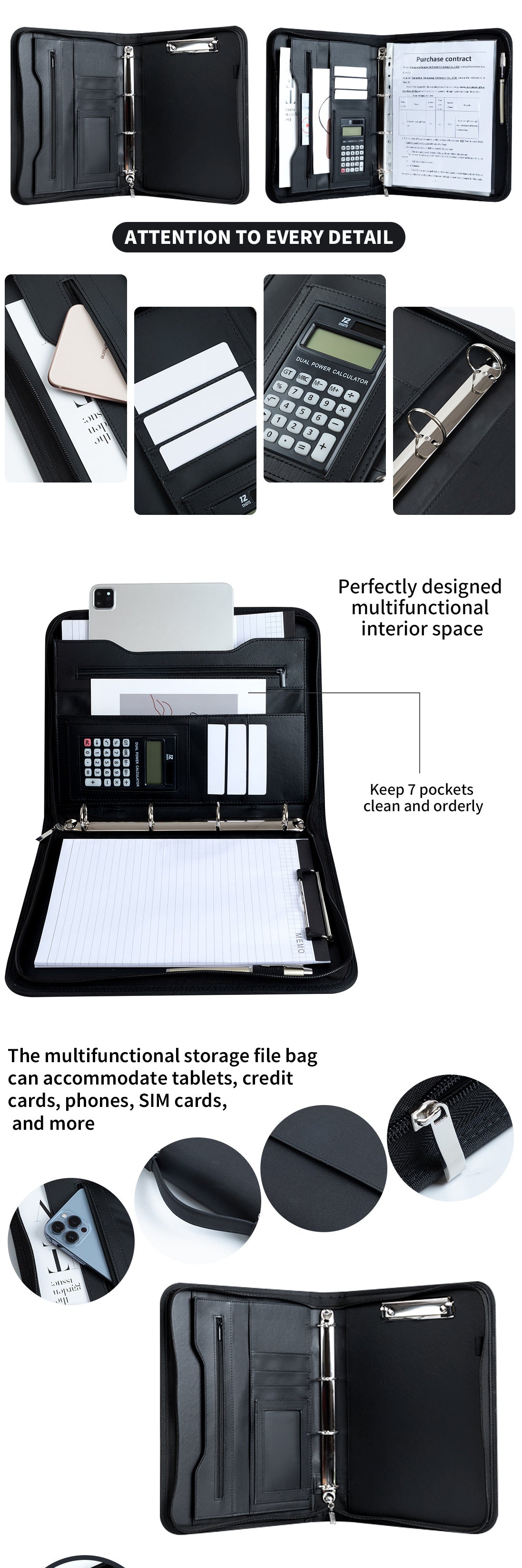 Professional PU Leather A4 Portfolio Binder with Zipper, Handle, Calculator & Clipboard(brown)