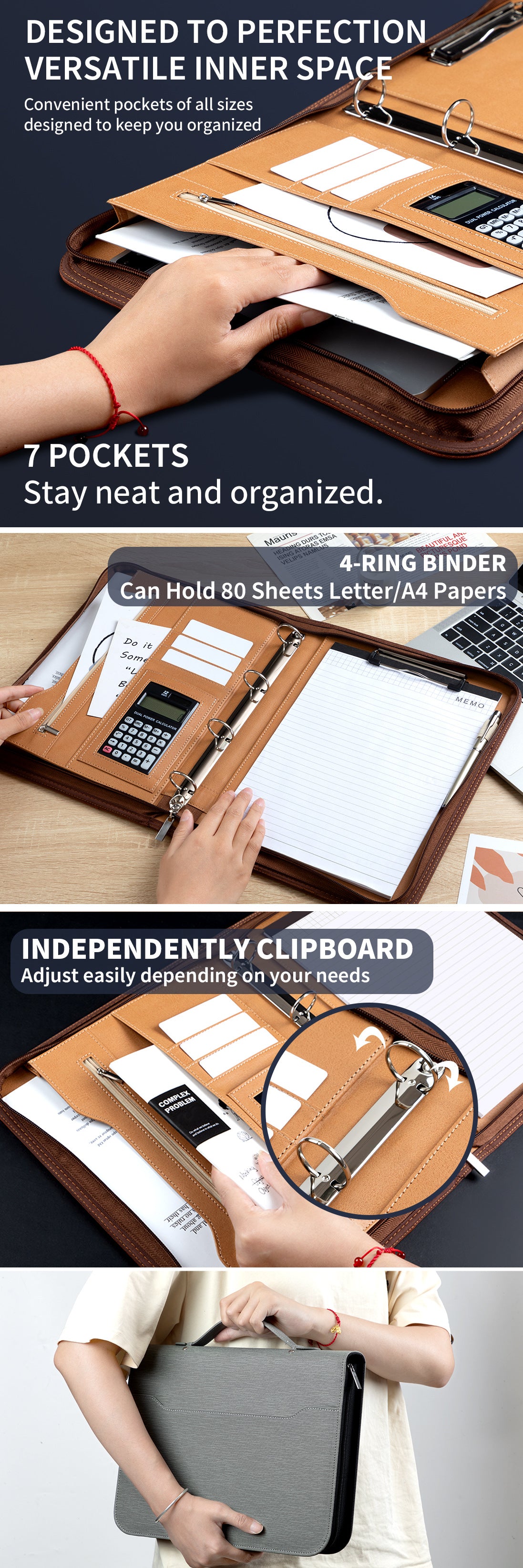 Professional PU Leather A4 Portfolio Binder with Zipper, Handle, Calculator & Clipboard(grey)