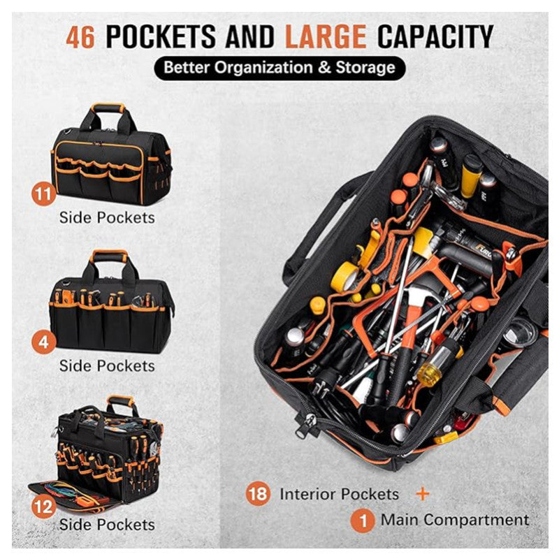 Heavy-Duty 17-Inch Tool Bag with 46 Pockets, Waterproof Base & Shoulder Strap(Black Orange)