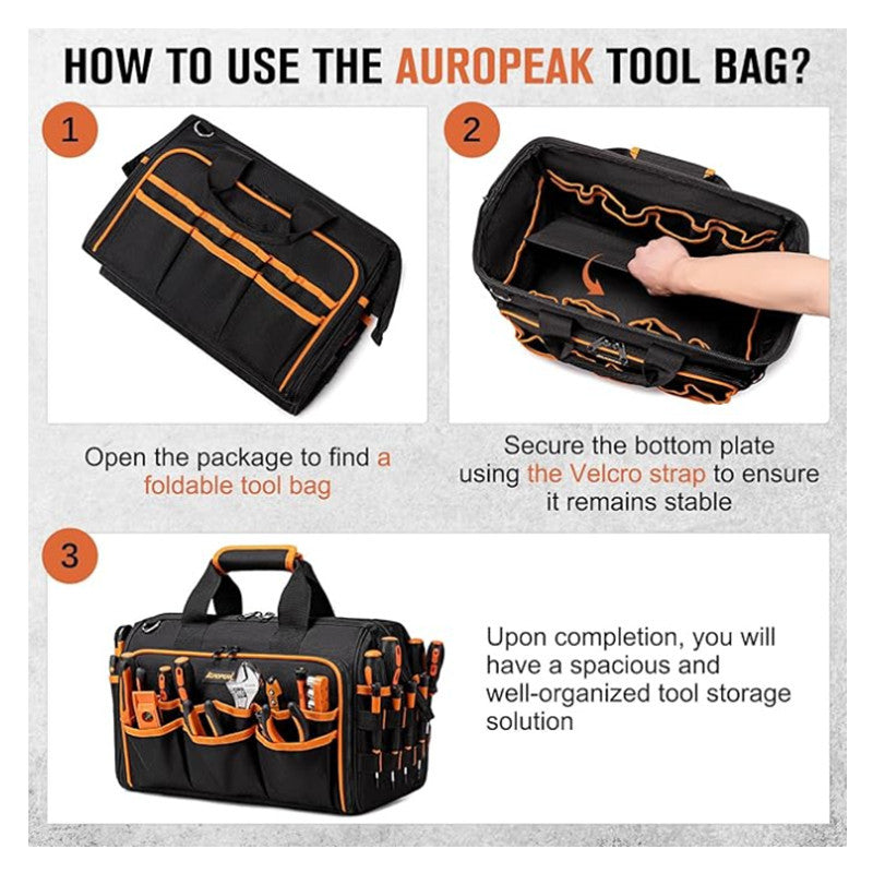 Heavy-Duty 17-Inch Tool Bag with 46 Pockets, Waterproof Base & Shoulder Strap(Black Orange)