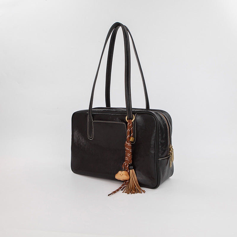 Large Size Black Vintage Genuine Split Leather Bowling Bag for Women - Retro Top Handle Satchel & Crossbody Purse