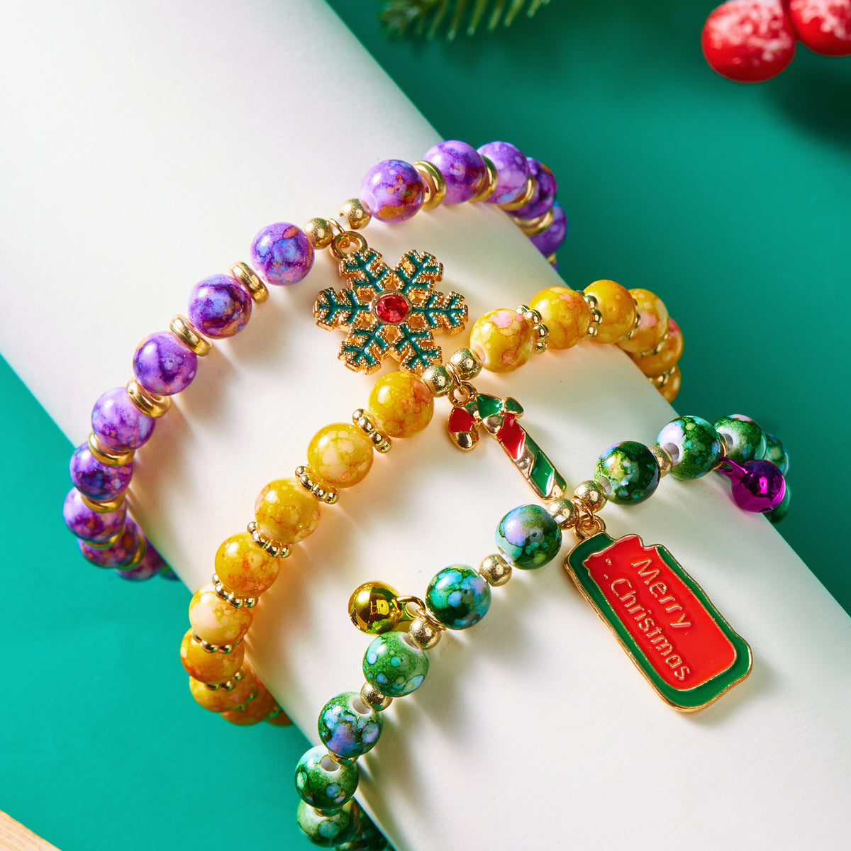 (12-Pack) Festive Christmas Beaded Charm Bracelet Set- Santa, Snowman & Reindeer Jewelry